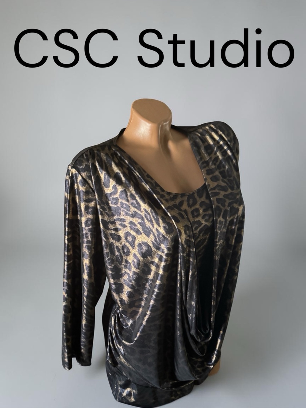 CSC Studio Metallic Liquid Leopard Print Draped Women’s Top - Black & Gold l L